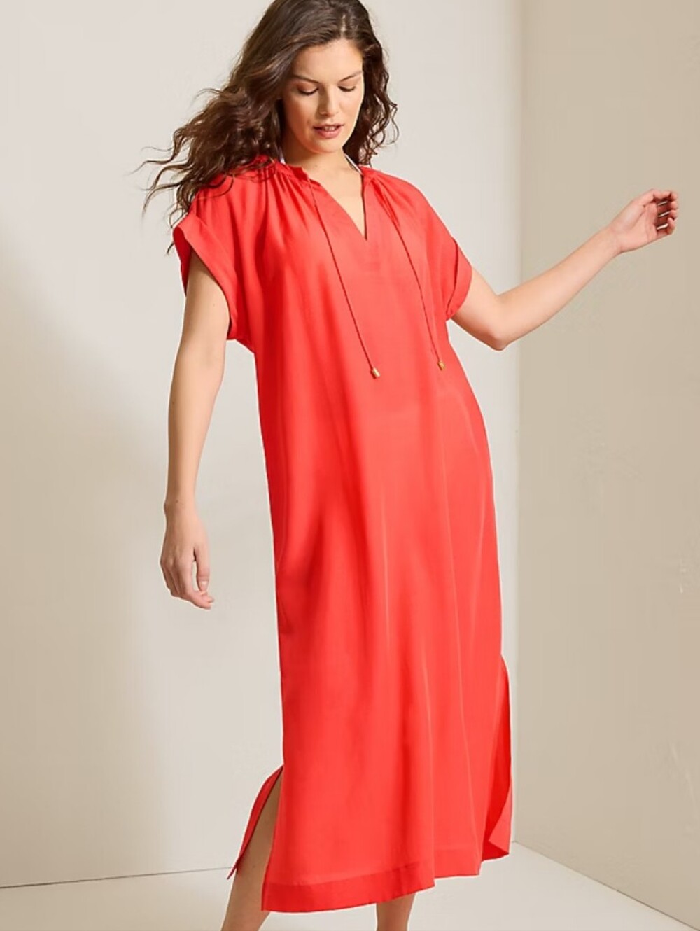 Tommy Bahama Capri Coast Linen-Blend Beach Caftan in Coral Red Size S/M Pockets